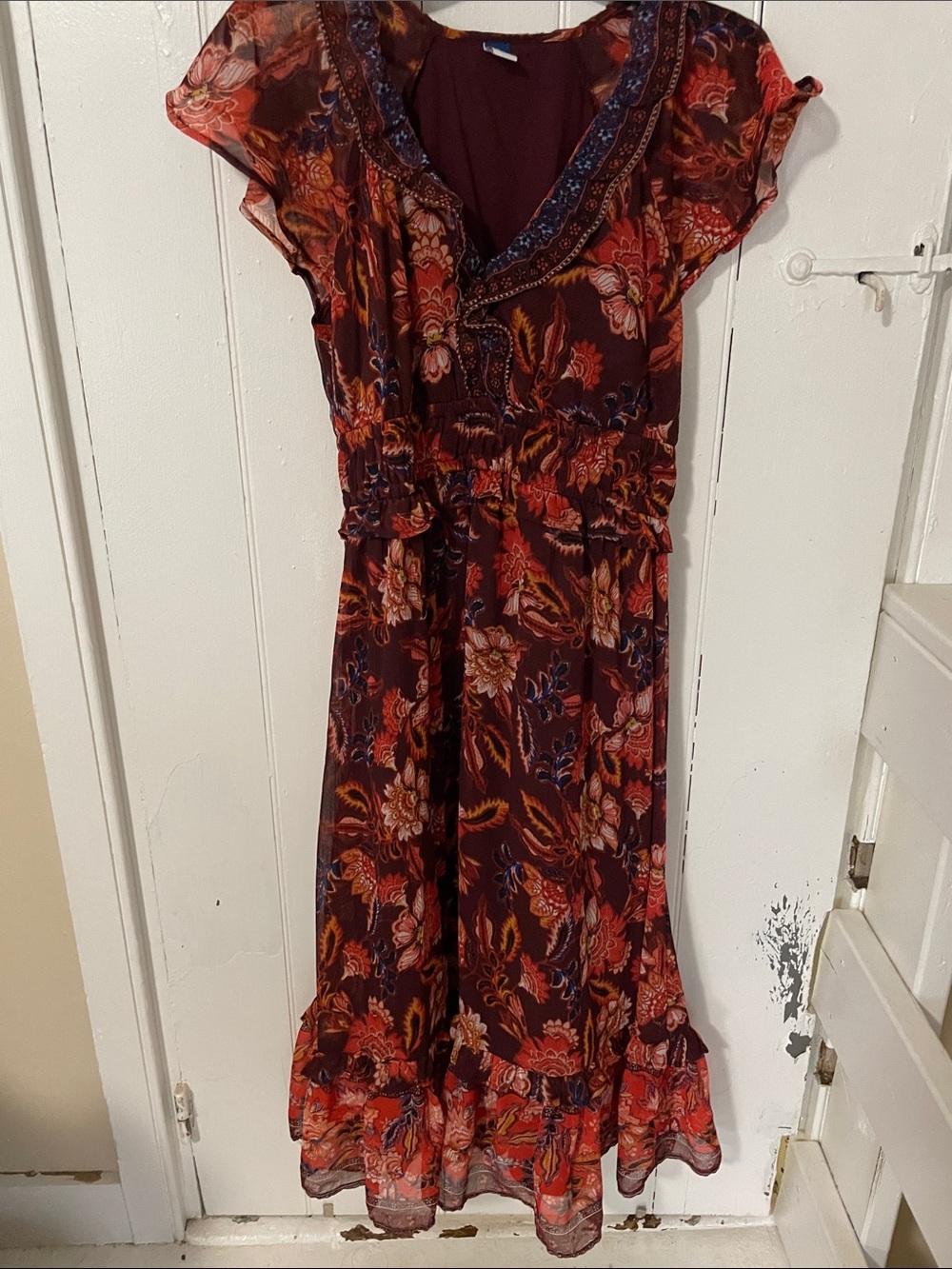 Old Navy Burgundy Floral Maxi Dress with Rust and Coral Accents